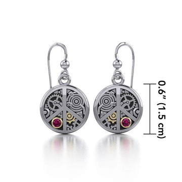 Peace Sign Steampunk Silver and 14K Gold Accent Earrings MER1373 - Jewelry